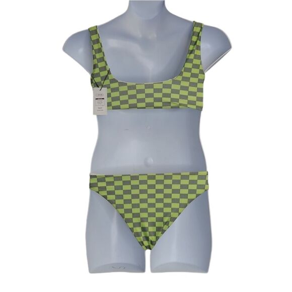 NEW Cider lime green checkered two piece cheeky bikini‎ swimsuit M - Picture 3 of 8